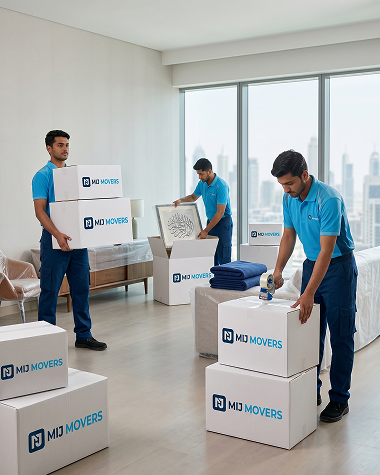 MIJ Movers team relocating a high-rise apartment in the UAE